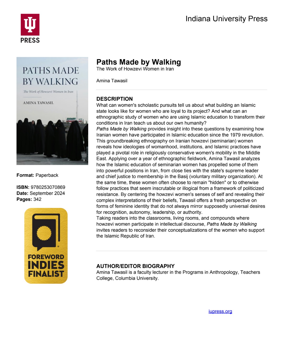 Leaflet with the book cover for Dr. Tawasil's new book Paths Made by Walking, with a summary of the book, and a Foreward INDIES award finalist logo